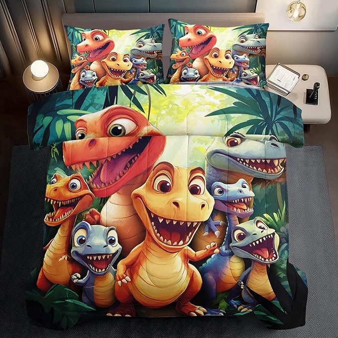 Dinosaur Comforter Set Queen Boys,Cartoon 3D Dinosaur Bedding Set Queen Bed Kids,3D Dragon Comforter Dragon Quilt Pattern Bedroom Decor,Cute Animal Bedding Kawaii Animal Quilt Girls