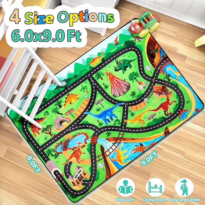 Kids Rug, Car Carpet for Kids' Toy Cars, 6x9 Ft Dinosaur Rug, Dino Safari Road Mat for Playroom, Educational Learning & Game Area Baby Play Mat Carpet for Children
