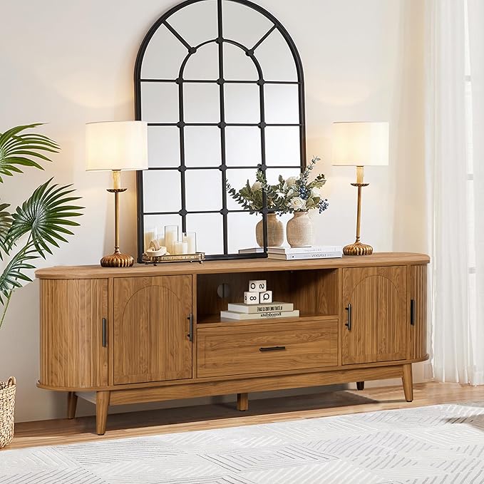 63" Fluted TV Stand for Tvs up to 70", Mid-Century Modern Entertainment Center with Drawers and Fluted Doors, Curved TV Media Console Table with Sliding Doors for Living Room, Bedroom (63")