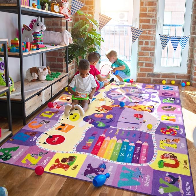 Kids Rugs for Playroom Bedroom Classroom Nursery, Non-Slip and Washable Rugs for Children Toddlers Girls, Educational and Fun Rug Carpets with ABC Alphabet Animals Shapes, 3x5, Purple