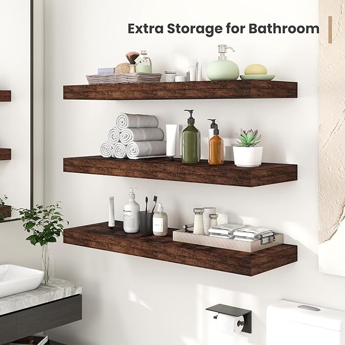 Heimlove 24 x 12 Inch Deep Floating Shelves Wall Mounted with Invisible Brackets,Storage Hanging Shelf for Wall Decor in Bathroom, Bedroom, Kitchen, Living Room, Office Set of 2 (Rustic Brown)