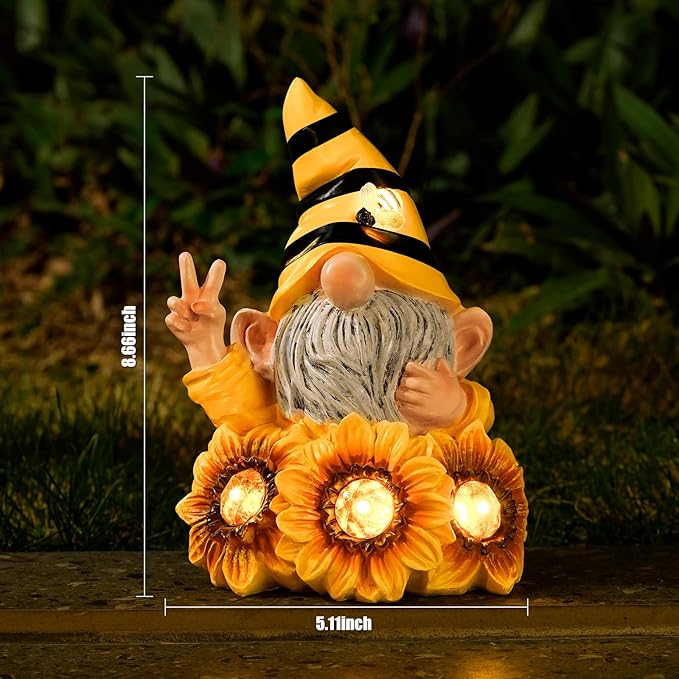 Garden Sculptures & Statues Resin Summer Bee Gnome with Sunflower, Outdoor Funny Decoration Solar Light Figurine Gifts for Yard, Patio Decor for Mom