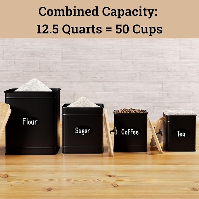 Kitchen Canisters for Countertop Set of 4 with Customizable Chalkboard Labels & Marker Pen - Big Iron Kitchen Canisters with Airtight Lids - Black Canister Set - Flour and Sugar Containers Farmhouse