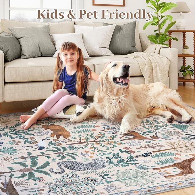 OJIA Jungle 8x10 Area Rugs for Living Room Bedroom Large Washable Rugs, Thin Modern Nursery Rug Non-Shedding Kids Playroom Rug Stain Resistant Large Carpet Neutral Rugs for Kids Room Dining