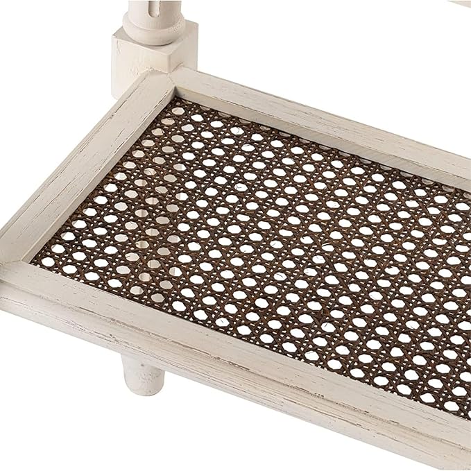 Rustic Farmhouse Cottagecore Accent End Table, Distressed Accent Side Table with Espresso Tray Top and Woven Wicker Shelf, Boho, French Country Decor, Square, Weathered Brown & White