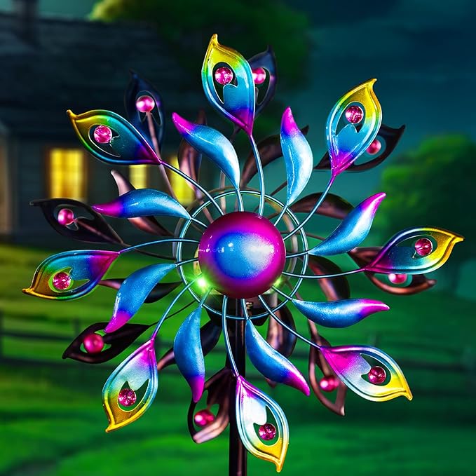 360°Peacock Solar Wind Spinner with Lights Blue Metal Garden Outdoor Decor Yard Lawn Art Decor for Patio Kinetic Windmills Unique Gifts for Friends and Family 51.9' H x 12.2'' Dia