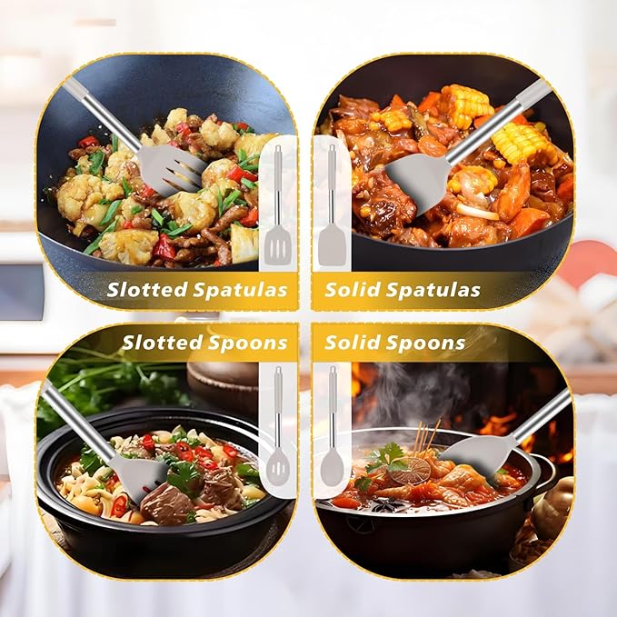 5-Piece Silicone Kitchen Tool Set, BPA-Free, Heat-Resistant, Non-Stick & Dishwasher-Safe, with Slotted/Solid Spoons & Spatulas for Frying, Mixing, Draining – Includes Multi-Purpose Serving Hook(Khaki)