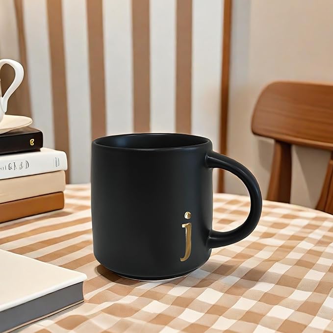 COLLECTIVE HOME - Black Monogram Ceramic Mugs, 15 oz Golden Initial Coffee Cups, Elegant Alphabet Tea Mugs, Personalized Halloween Mug with Gift Box, Perfect for Office and Home Décor (j)