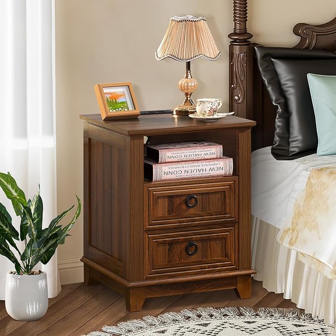 18" Farmhouse Night Stands Set of 2 with Charging Station, 2 Drawers End Table Dresser for Bedroom, Brown Wooden Nightstand, Bed Side Table with Open Shelf, Bedside Cabinet for Living Room