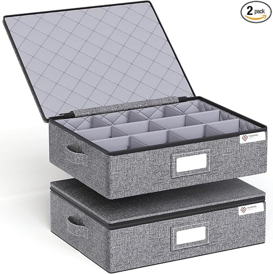 YearningHome Cup and Mug Storage Box with Hard Shell and Dividers for Coffee Mugs,Tea Cups and Glasses,Stackable Storage Organizers with Lid,Handles,Zips and Lable for Moving,Holds 12,2 Pack, Grey
