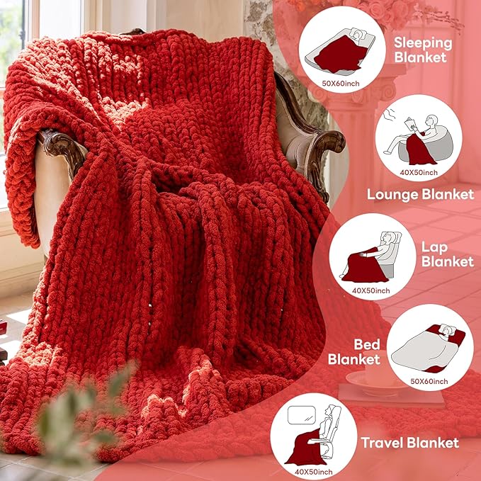 Chunky Knit Blanket - Luxury Soft Cozy Queen Size(50 * 60) Throw Blanket,100% Woven Blanket Rope Knot Throw Blanket for Couch, Sofa, Home Decor, Gift - Machine Washable（Wine red）