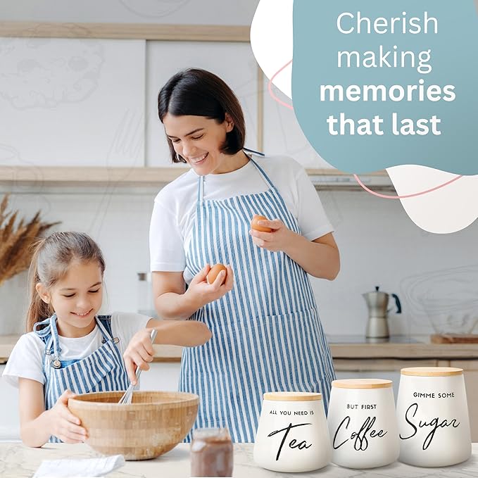 Coffee Tea and Sugar Ceramic Canister Set - 3-Piece Airtight Kitchen Canisters for Countertop - Coffee Bar Container Set