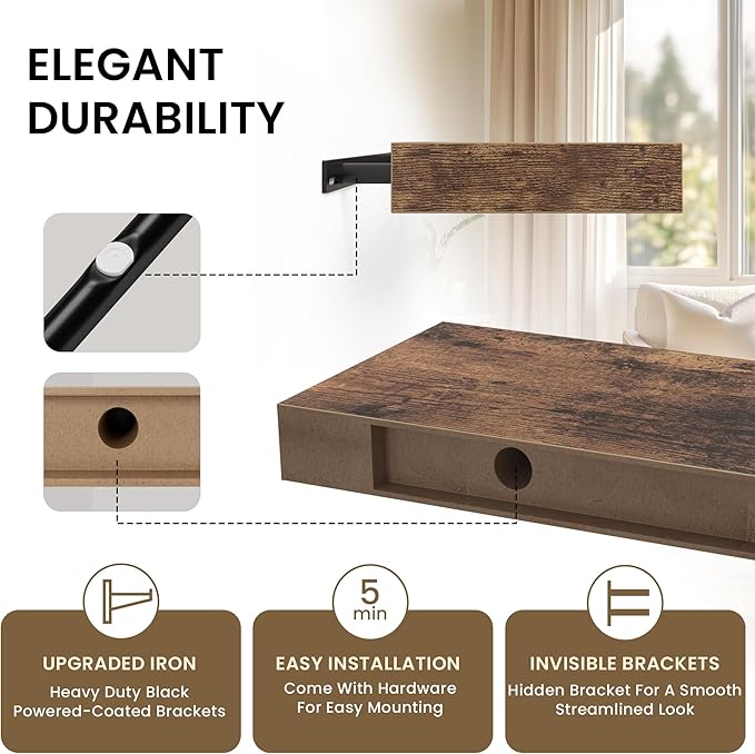 Floating Shelves for Wall, 24"W x 6.7"D x 1.5"H, Wooden Wall Mounted Display Shelf with Invisible Brackets for Living Room, Bedroom, Bathroom, Kitchen Decor and Storage, Set of 2, Rustic Brown