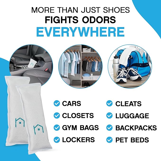 NonScents Shoe Deodorizer 4-Pack (8 Count) - Odor Eliminator, Air Freshener, Smell Absorber, Scent Remover for Shoes, Gym Bags, Soccer Cleats, Closets, Pet Area, Reusable - Shoe Deodorant