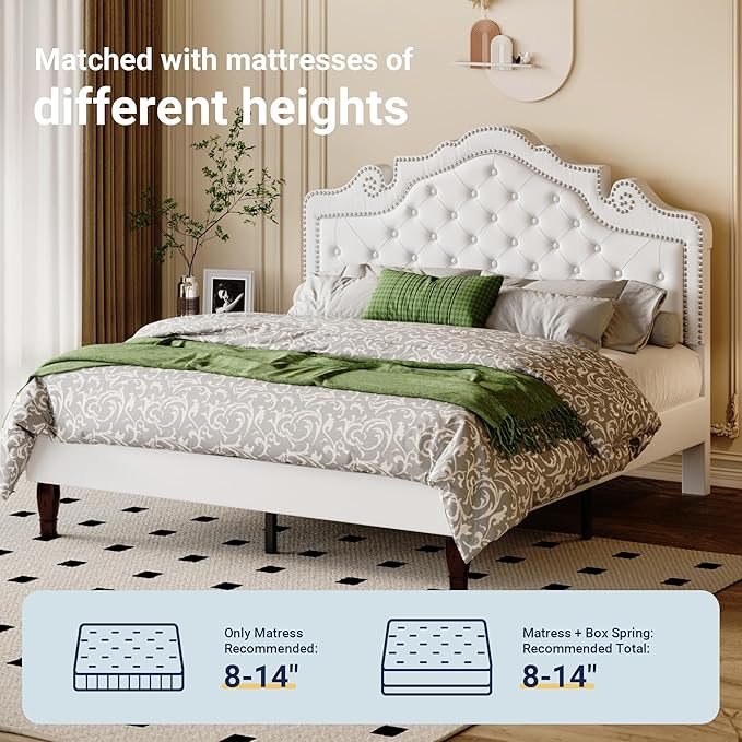 Allewie Full Size Bed Frame with Adjustable Velvet Tiara Headboard, Upholstered Diamond Button Tufted Platform Bed, Wood Slats Support, No Box Spring Needed, White