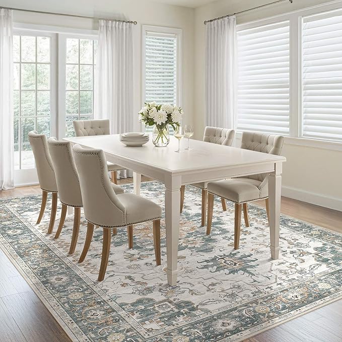 Washable Area Rugs for Living Room -10x12 Neutral Vintage Distressed Floral Farmhouse Boho Large Soft Floor Rug Indoor Non Slip Carpet for Living Room Bedroom Dining Room Office -Green/Grey