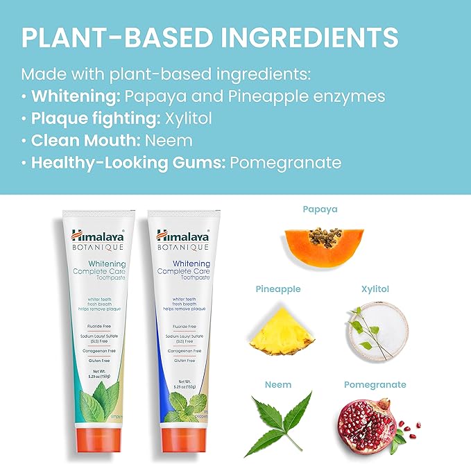 Himalaya Botanique Whitening Complete Care Toothpaste, Mint and Peppermint Flavors - Whitening Toothpaste Without Fluoride for Brighter Teeth & Fresh Breath - Vegan, Gluten Free, 5.29 oz (Pack of 2)