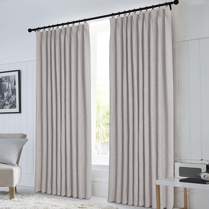 Macochico 100% Blackout Pinch Pleated Linen Curtains 84 Inch Length Thermal Blackout Curtains for Bedroom Living Room Nursery Browish Grey Farmhouse Burlap Curtains with Tieback 52”Wx84”L 1 Panel