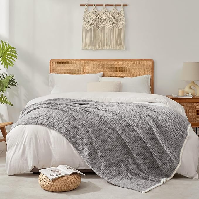 Snuggle Sac Ultra Soft Waffle Throw Blanket for Couch Bed Sofa 50x60 inches, Reversible Grey Blanket Microfiber Fluffy Fuzzy Cozy Knit Throws for Women Mothers Birthday Gifts