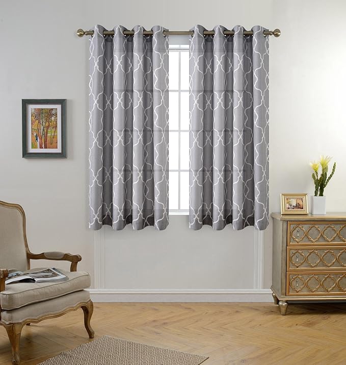 MIUCO Moroccan Embroidery Semi Sheer Curtains Faux Linen Grommet Curtains for Bedroom 52 x 63 Inch 2 Panels, Grey