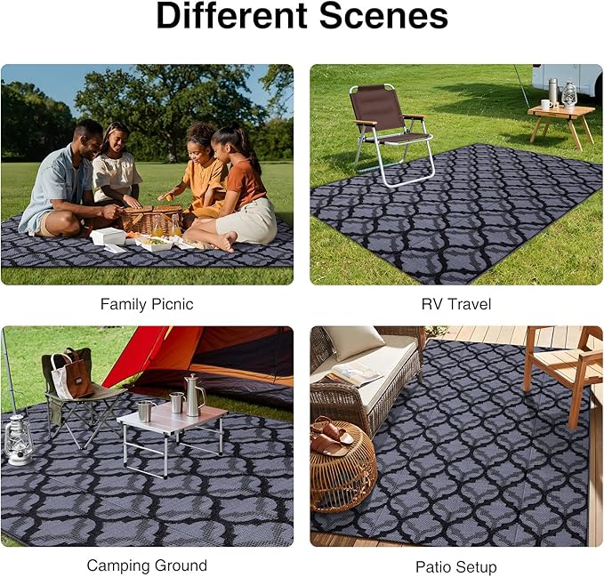 OLANLY Reversible Outdoor Rug 5x8 ft Clearance, Waterproof Outdoor Plastic Straw Rug with Interlacing Pattern, RV Mat for Patio, Camping, Balcony, Deck, Backyard, Black & Grey