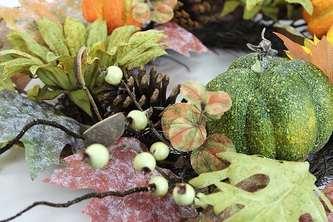 Admired By Nature 24 Inch Artificial Fall Pumpkin Sunflowers Wreath Wall Door Farmhouse Decor For Home Office Thanksgiving Harvest Wreaths For Front Door Cemetery Wreaths Indoor Outdoor, Green/Autumn
