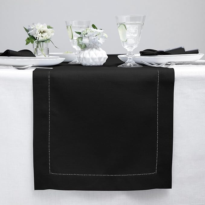 Solino Home Linen Black Table Runner 60 Inches - Classic Hemstitch, 100% Pure Linen Coffee Table Runner 14 x 60 Inch Ideal for Dresser Tables - Fall, Autumn, Halloween, Thanksgiving
