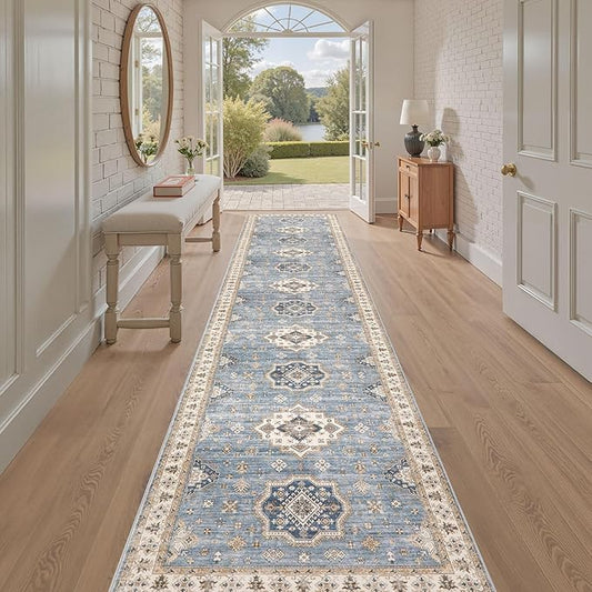 Washable 2.6x12 Runner Rug - Area Rugs Neutral Vintage Distressed Floral Farmhouse Boho Large Soft Floor Rug Indoor Carpet for Hallway Entryway Kitchen Home - Blue
