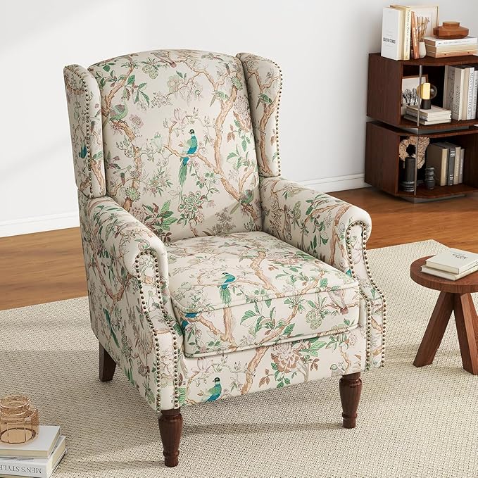 UIXE High Back Floral Accent Chair, Upholstered Armchair in Fabric for Living Room, Retro Printed Wingback Arm Chair Comfy Single Sofa Bedroom Reading Seat with Solid Wood Legs - Bird Pattern