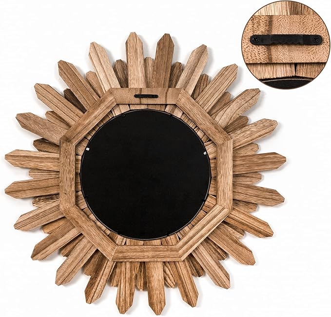 Honiway Mirror Wall Decor 21 inch Rustic Wood Boho Aesthetic Mirror for Room & Home Decor Farmhouse Wall Decor at Living Room Bedroom Carbonized Black