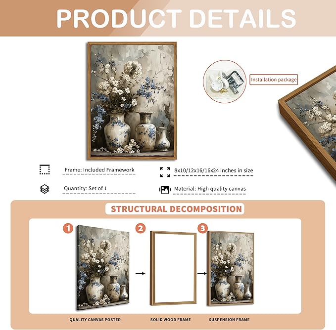 Floating Framed Farmhouse Floral Canvas Wall Art, Vintage Blue and White Flower Pictures Wall Decor, Elegant Art Jar Posters Print for Living Room Bedroom Bathroom Rustic Decor 16x24 inch