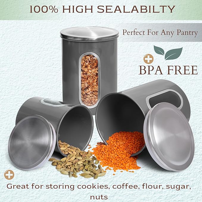 Moss & Stone 3-Piece Gray Canisters Sets For The Kitchen, Airtight Canister Set With See Through Window, Storage Jars for Coffee Container, Tea Organizer & Sugar Canister, Gray Kitchen Canisters