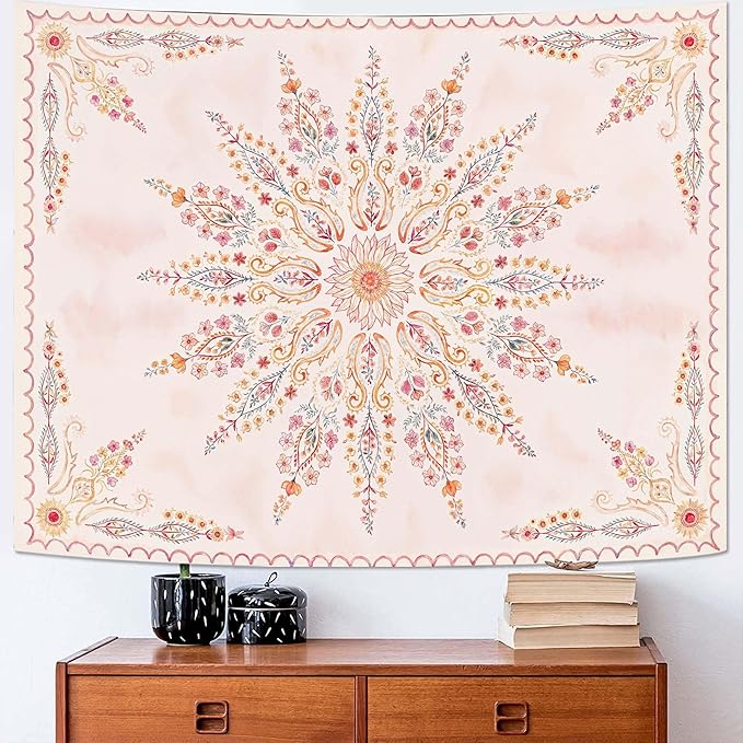 Fowocu Boho Floral Mandala Tapestry for Bedroom Aesthetic Pink Bohemian Flower Wall Tapestry Watercolor Hippie Indian Small Tapestries Wall Hanging for Living Room Dorm Decor 48 x 36 Inch
