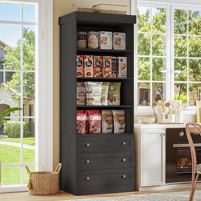 Vyre 71" Tall Farmhouse Bookshelves with Glass Doors and Drawers, Set of 2 – Large Modular Bookcase with Adjustable Shelves, Storage Cabinet for Living Room, Kitchen, Black