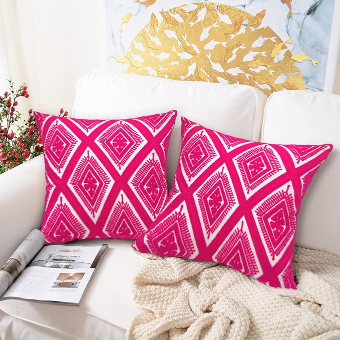 Alysheer Embroidered Decorative Throw Pillow Covers 18x18 inches Set of 2 Pieces, Boho Geometric Modern Chic Classic Pattern Cotton Cushion Cases for Sofa Couch Bed Living Room(Bright Hot Pink)