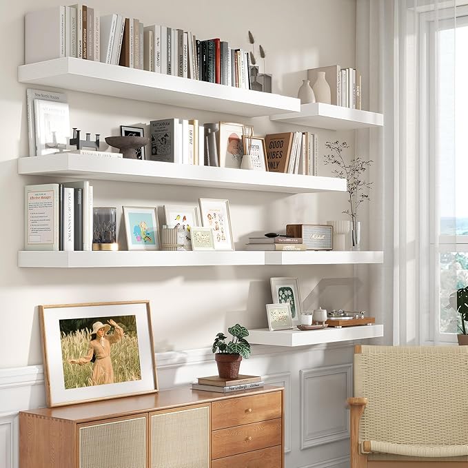 Deep Floating Shelves | 30 Inch Floating Shelves for Wall Set of 2 | 12 Inch Deep White Shelves for Living Room Bathroom Laundry Room Bedroom Kitchen Home Office - White