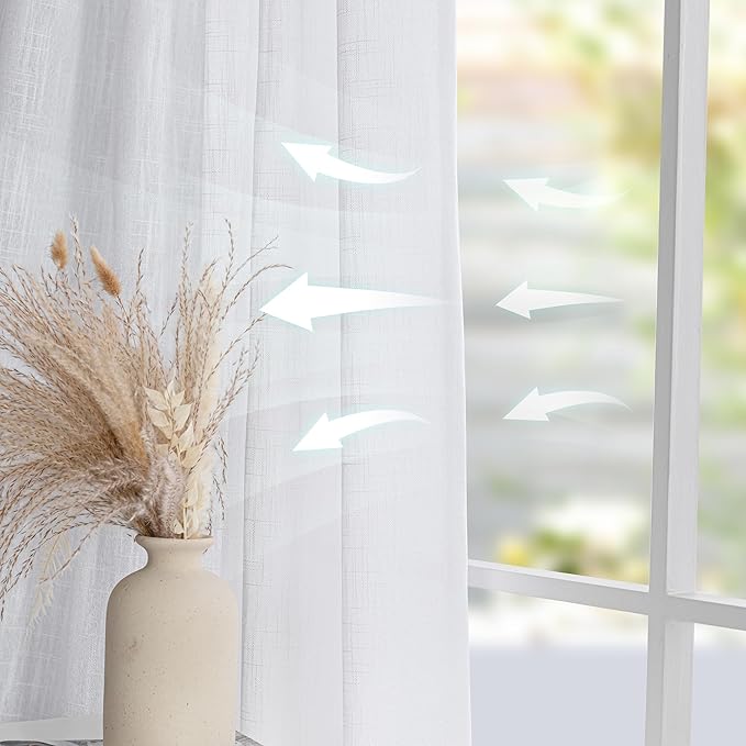 MYSKY HOME Floor to Ceiling Curtains 108 Inches White Sheer Window Drapes 1 Panel for Sliding Glass Door Back Tab Draperies Linen Look Boho Fabric, Soft Cotton Blend Light Filtering for Living Room