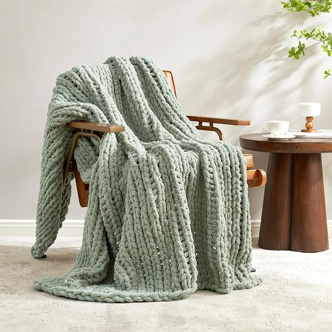 Amélie Home Chunky Knit Throw Blanket for Couch, Soft Chenille Crochet Blanket for Children, 40"x50", Sage Green