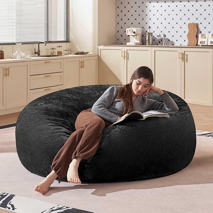 Bean Bag Chair 6Ft, Memory Foam Filled, Large Beanbag Chairs for Adults and Teens, Soft Sofa with Removable Flannel Cover, Round Couch for Living Room Bedroom College Dorm (Black, 6FT-67×67"×24")