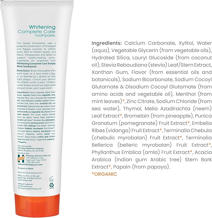 Himalaya Botanique Whitening Complete Care Toothpaste, Teeth Whitening, Fights Plaque, Fluoride Free, No Artificial Flavors, SLS Free, Cruelty Free, Foaming, Simply Mint Flavor, 5.29 Oz, 2 Pack
