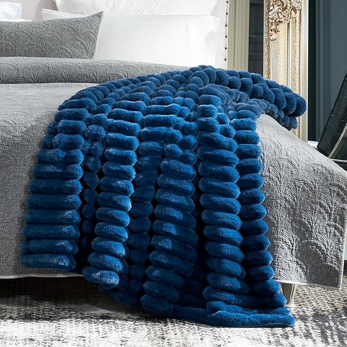 Cozy Bliss Faux Fur Throw Blanket for Couch, Cozy Warm Plush Striped Blanket for Sofa Bedroom Living Room,50 * 60 Inches Navy Blue