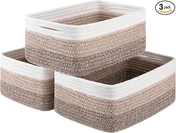 3 Pack Small Storage Baskets for Organizing, Cute Woven Decorative Gift Baskets for Shelves, Mini Closet Organizer Bins with Handles, 11.81''Lx7.87''Wx4.72''H-Brown White