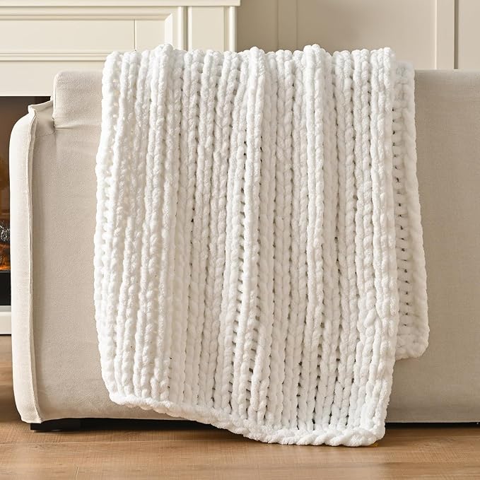 Esterra 100% Hand Knitted Chenille Throw Blanket, 50"x60", White, Polyester, Chunky Knit, Throw Blanket, 50x60 Inches