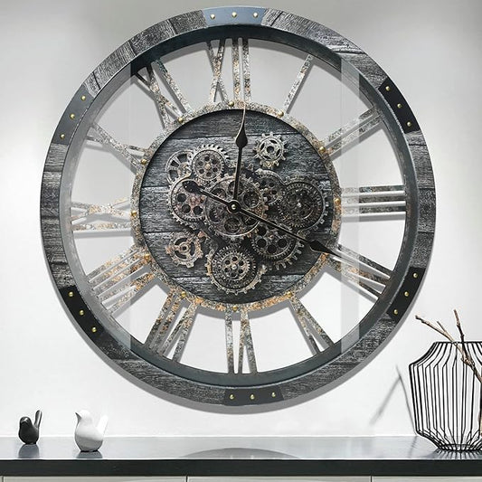 DORBOKER 36" Extra Large Wall Clock with Moving Gears, Oversized Giant Industrial Steampunk Rustic Clocks for Wall Decor Living Room Home Office, Solid Wood Retro Metal,Carbon Grey
