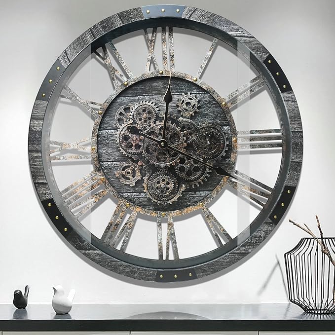 DORBOKER 27" Real Moving Gears Large Wall Clock with Toughened Glass Cover, Giant Wood Farmhouse Clock, Oversized Vintage Industrial Rustic Clock for Living Room Decor Home Kitchen (Carbon Grey)