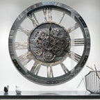 DORBOKER 27" Real Moving Gears Large Wall Clock with Toughened Glass Cover, Giant Wood Farmhouse Clock, Oversized Vintage Industrial Rustic Clock for Living Room Decor Home Kitchen (Carbon Grey)