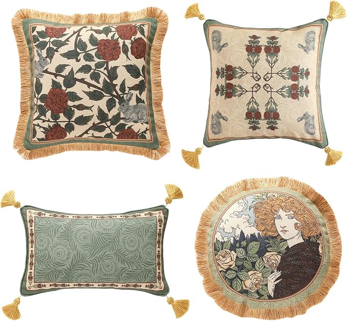 patdrea Designer Throw Pillow Covers Set of 4,French Elegant Green Linen with Rose Collection Pattern Pillow Covers,Decorative Lumbar Square Round Pillowcases Cushion for Bed Living Room Outdoor