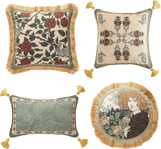 patdrea Designer Throw Pillow Covers Set of 4,French Elegant Green Linen with Rose Collection Pattern Pillow Covers,Decorative Lumbar Square Round Pillowcases Cushion for Bed Living Room Outdoor