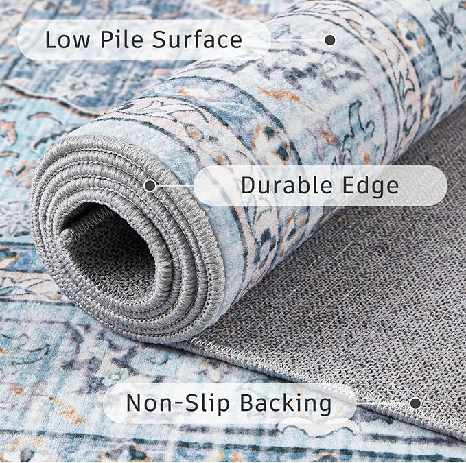DCX Machine Washable Blue and Beige Area Rugs 5x7, Non Slip Stain Resistant Vintage Floral Rug for Living Room Bedroom Nursery, Soft Low Pile Large Carpet