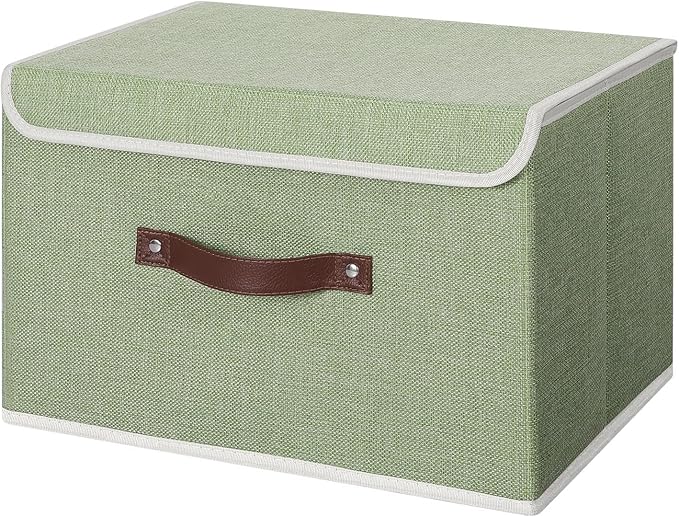 ANMINY Storage Bin with Lid Storage Boxes with PU Leather Handles PP Plastic Board Decorative Foldable Lidded Cotton Linen Fabric Home Cubes Baskets Closet Organizer Container - Green, Large Size